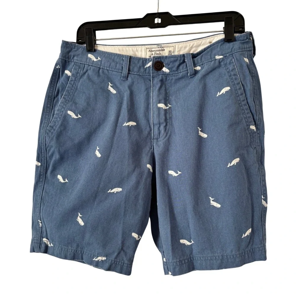 Abercrombie‎ & Fitch Mens Blue Whale Print Chino Shorts Size 32 Preppy Summer